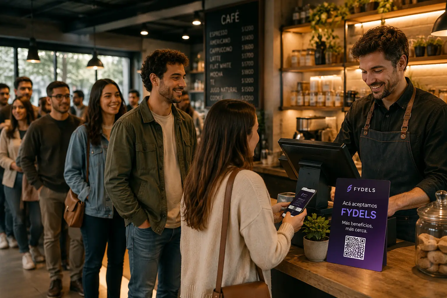 Frente de comercio con una persona atendiendo para representar ventas y beneficios en Fydels.
